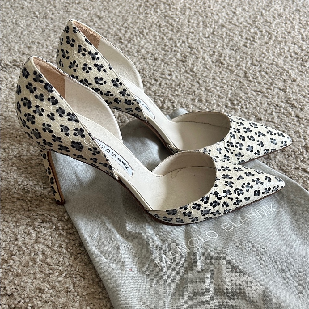 Manolo Blahnik Black, Blue and White Patterned Leather Heels